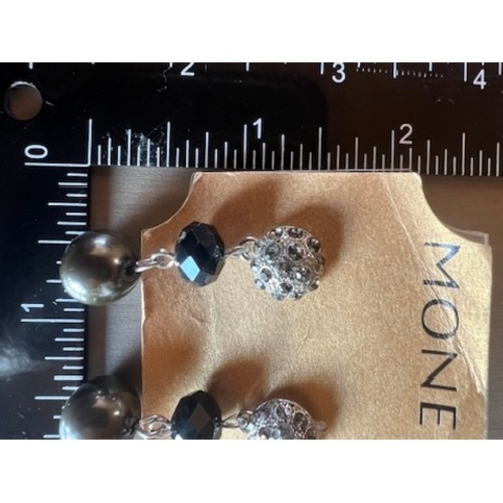 Monet Drop Earrings Black Silver Rhinestone Dangle Crystal Pearl Art Deco Glam - Picture 5 of 13